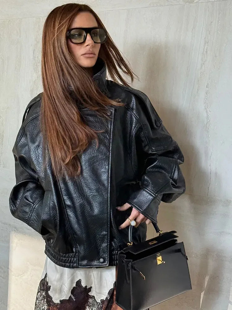 Autumn Faux Leather Jacket For Women Casual Solid Long Sleeve Zipper Pu Leather Coats New Fashion Female Streetwear