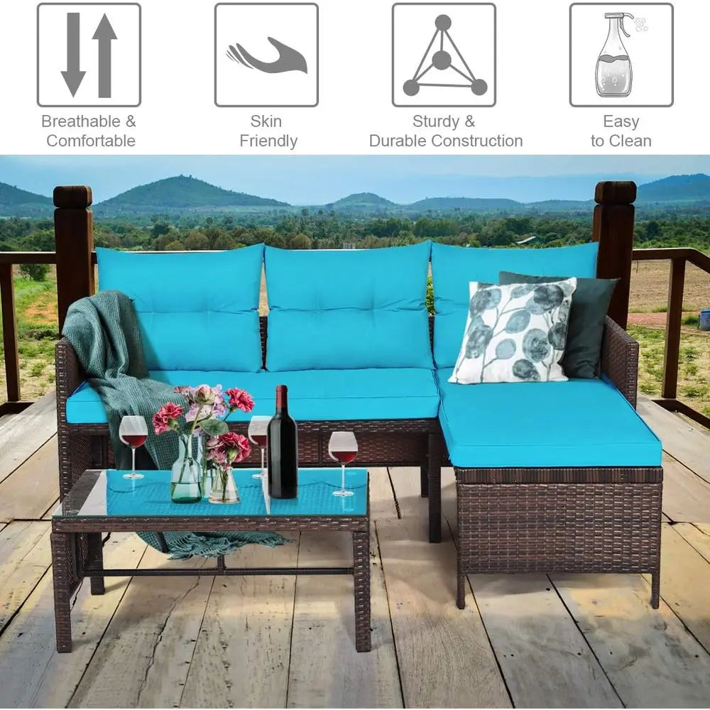 Turquoise 3-Piece Outdoor Wicker Sectional Set with Sofa, Loveseat, Lounger, and Glass Coffee Table for Patio, Deck, or Garden