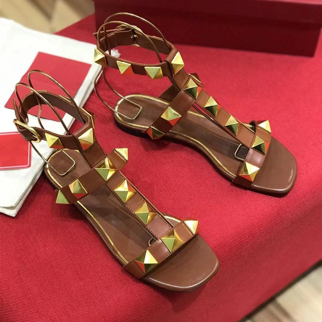 SHIYUNJIN Shoes Women Size35-42 Genuine Leather Sandals Rivet Pumps Summer Leisure Flats Buckle Strap Designer Shoes Zapatillas