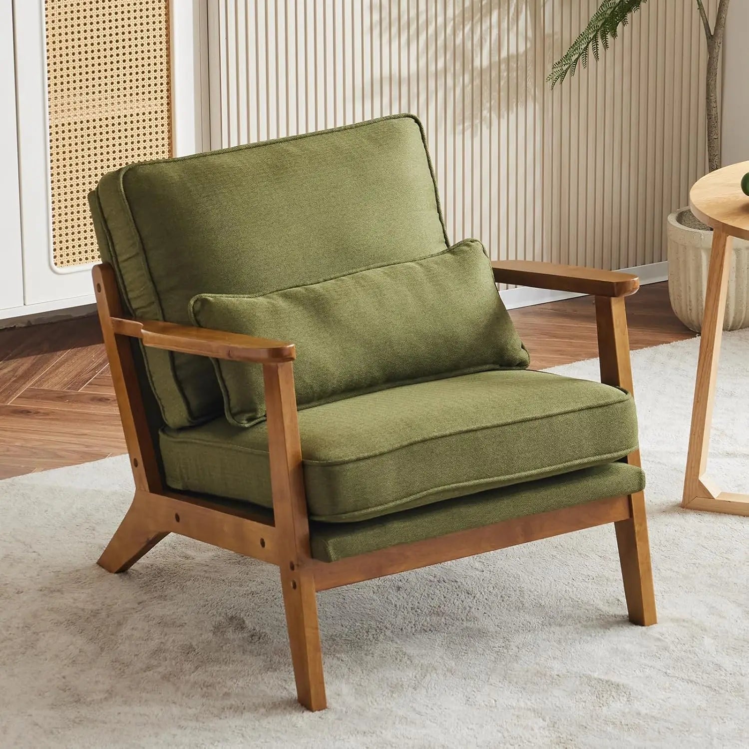 Accent Chair Wide Armrest Mid-Century Lounge Chair Teddy Fleece Armchair with Lumbar Pillow & Solid Wood Frame for ,Customized