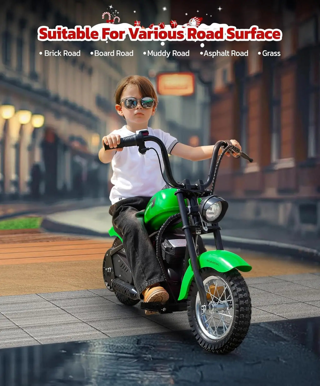 Electric Dirt Bike for Kids, 15mph, 150lb Max, LED Lights, Key Start, Twist Grip, 12' Air-Filled Tires - Green