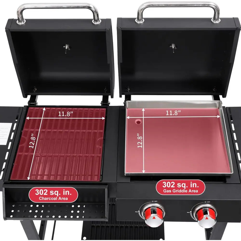 Charcoal and 2-Burner Propane Gas Combo Grill with Stainless Steel Griddle & Porcelain-enameled Cast Iron Grates, Dual Fuel BBQ