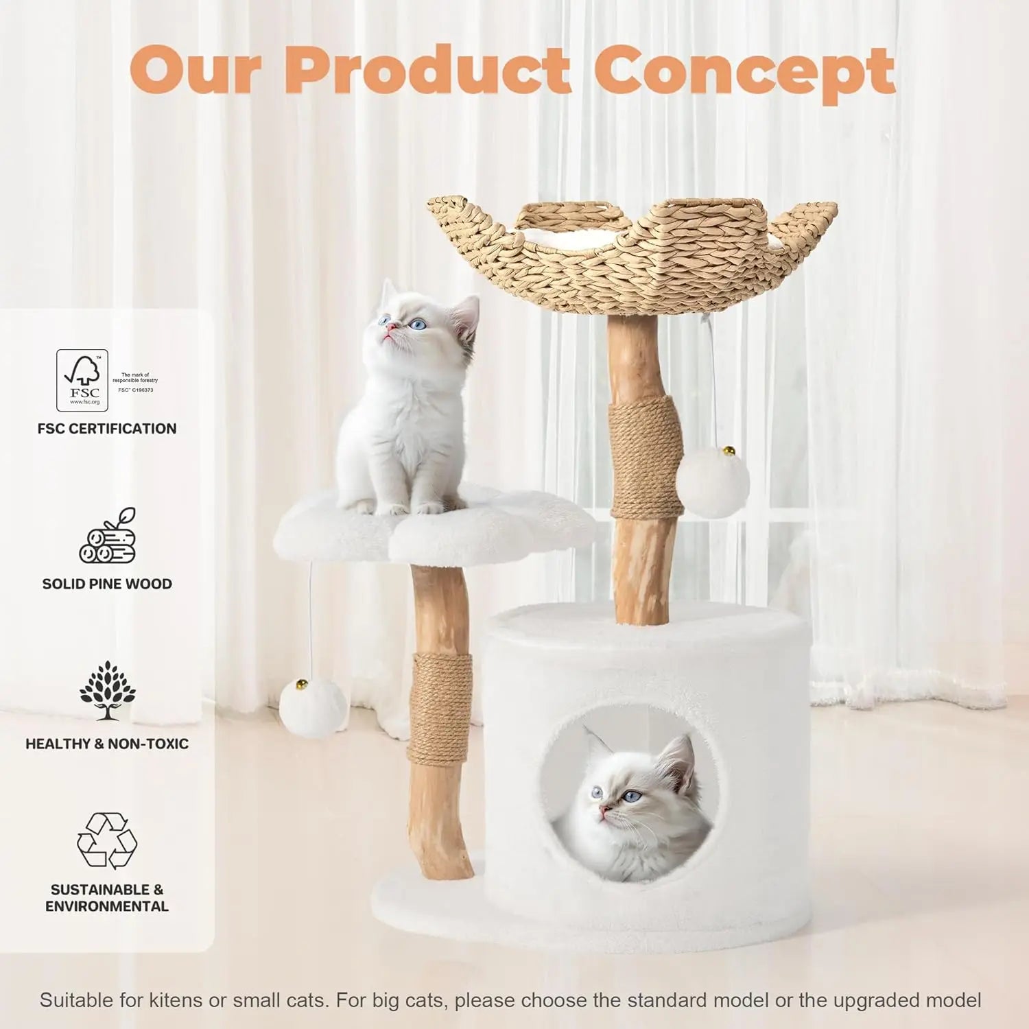 Modern Wood Cat Tree Tower for Small Cats with Scratching Posts and Flower Platforms, Durable Pet Furniture