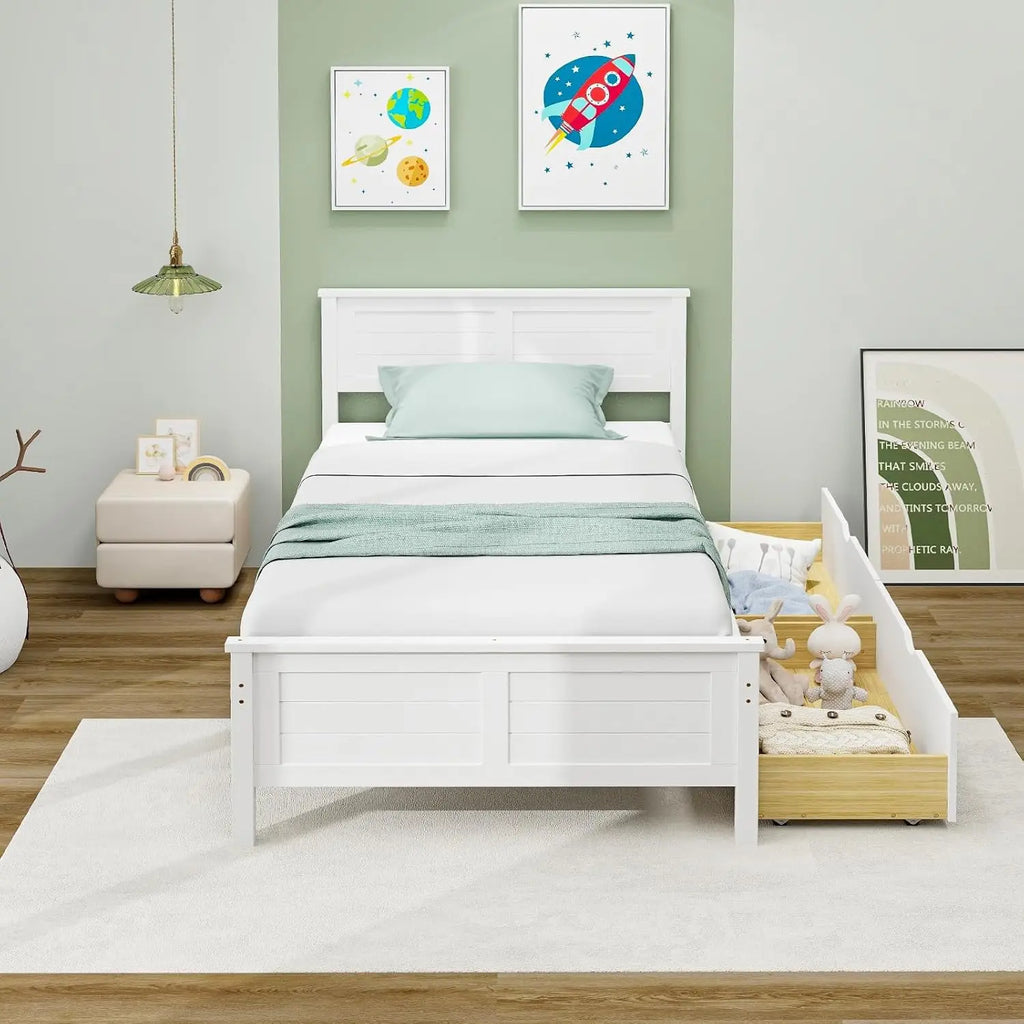 Wood Twin Bed with 2 Storage Drawers, Solid Wood Platform Bed with Headboard, Wooden Slats Support Mattress, Customized