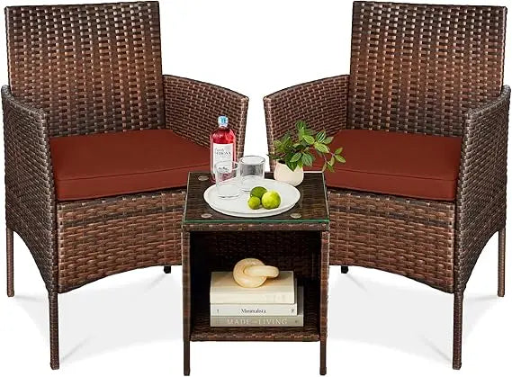 3-Piece Outdoor Wicker Conversation Bistro Set, Space Saving Patio Furniture for Garden w/Side Table - Gray/Navy