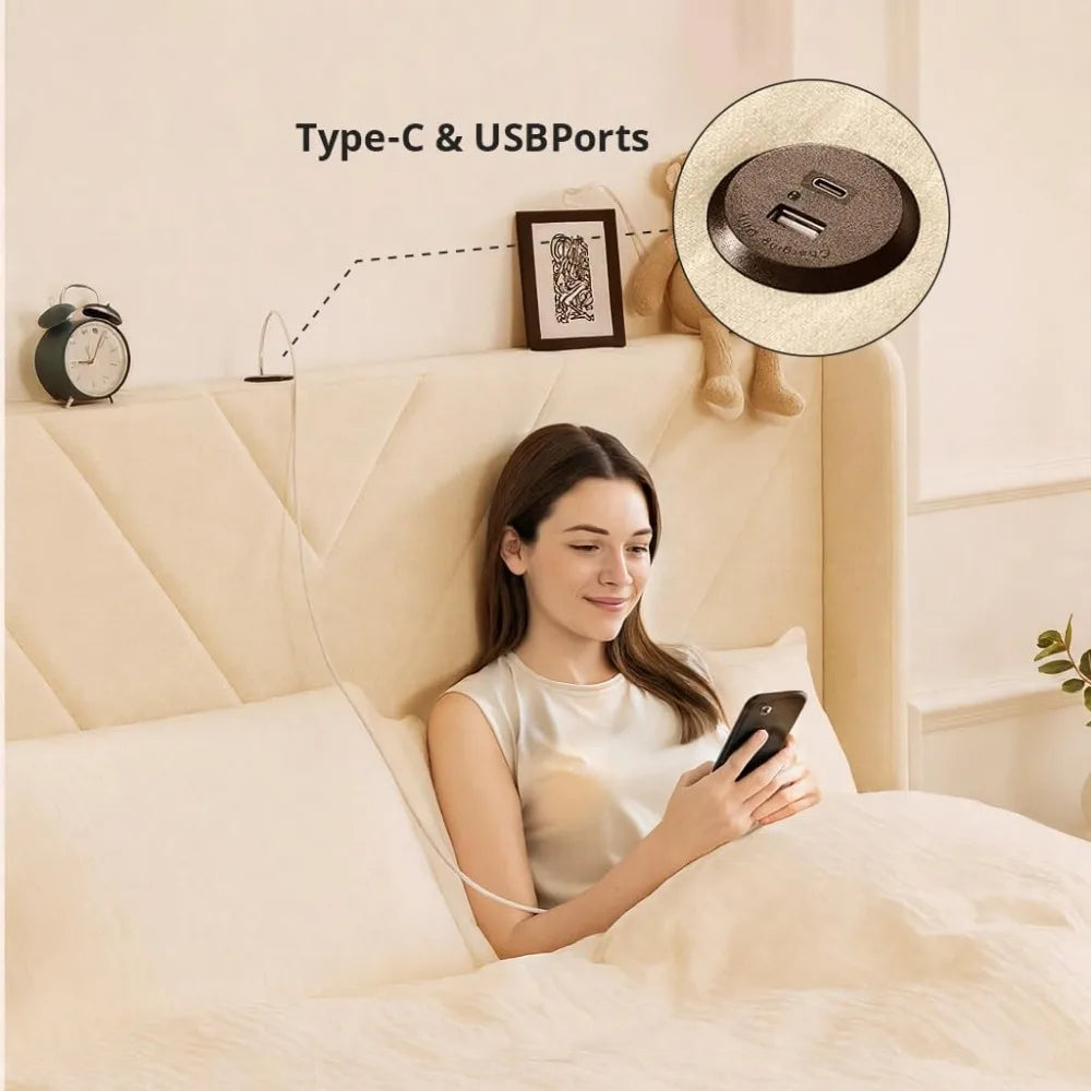 Modern Upholstered Platform Bed Frame with Queen Size, Headboard, USB & Type-C Charging Ports, and Storage Drawers