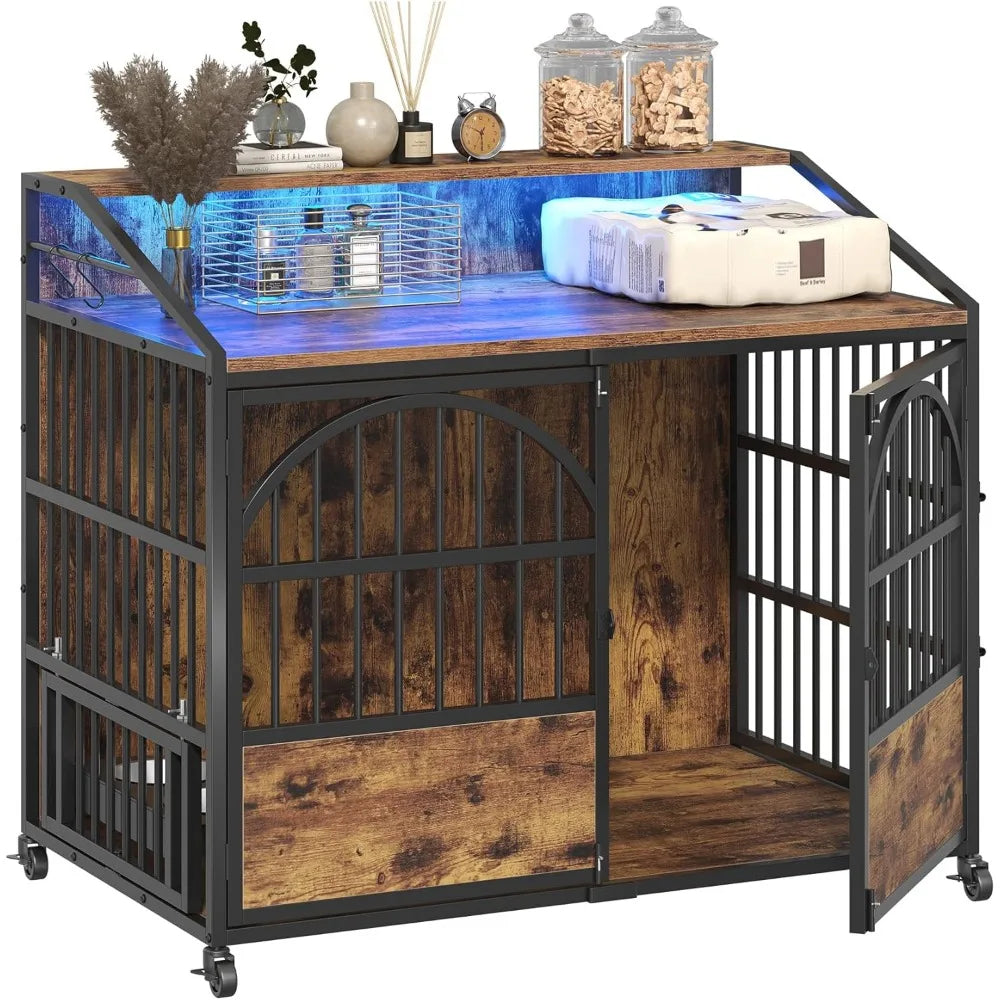 Heavy-Duty 44 Inch Dog Crate with Triple Doors, Stainless Steel Bowls, Lockable Wheels, Wooden Kennel for Large Dogs