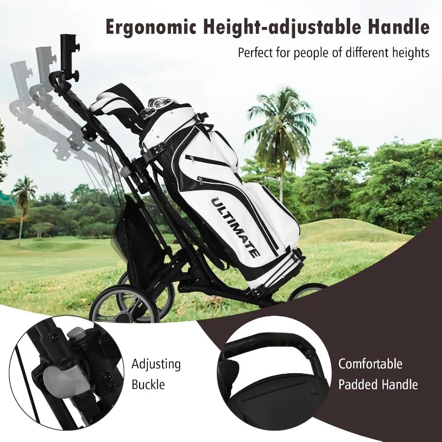 3 Wheel Golf Push Cart with Aluminum Frame for Easy Transport and Storage Features Elastic Strap Umbrella Holder Cup Holder Sco