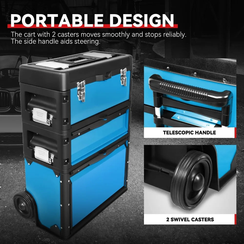 Portable 3-Tier Rolling Tool Box, 19.5 Inch Stackable Storage with Wheels, Heavy Duty Steel and Plastic Construction for Worksho
