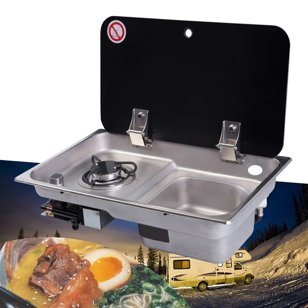 Drop in RV Gas Stove with Stainless Steel Sink Efficient Combustion for Camper Van Kitchen and Outdoor Cooking
