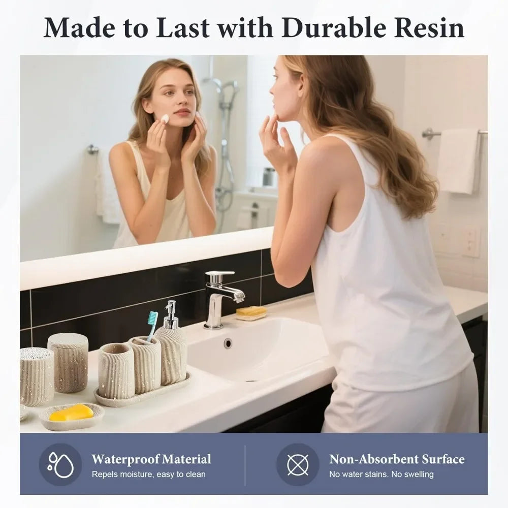 Bathroom Accessories Set - 7-Piece Resin Bathroom Set, Toothbrush Holders Set, Soap Dispenser, Qtip Holder Dispenser, Tumbler,