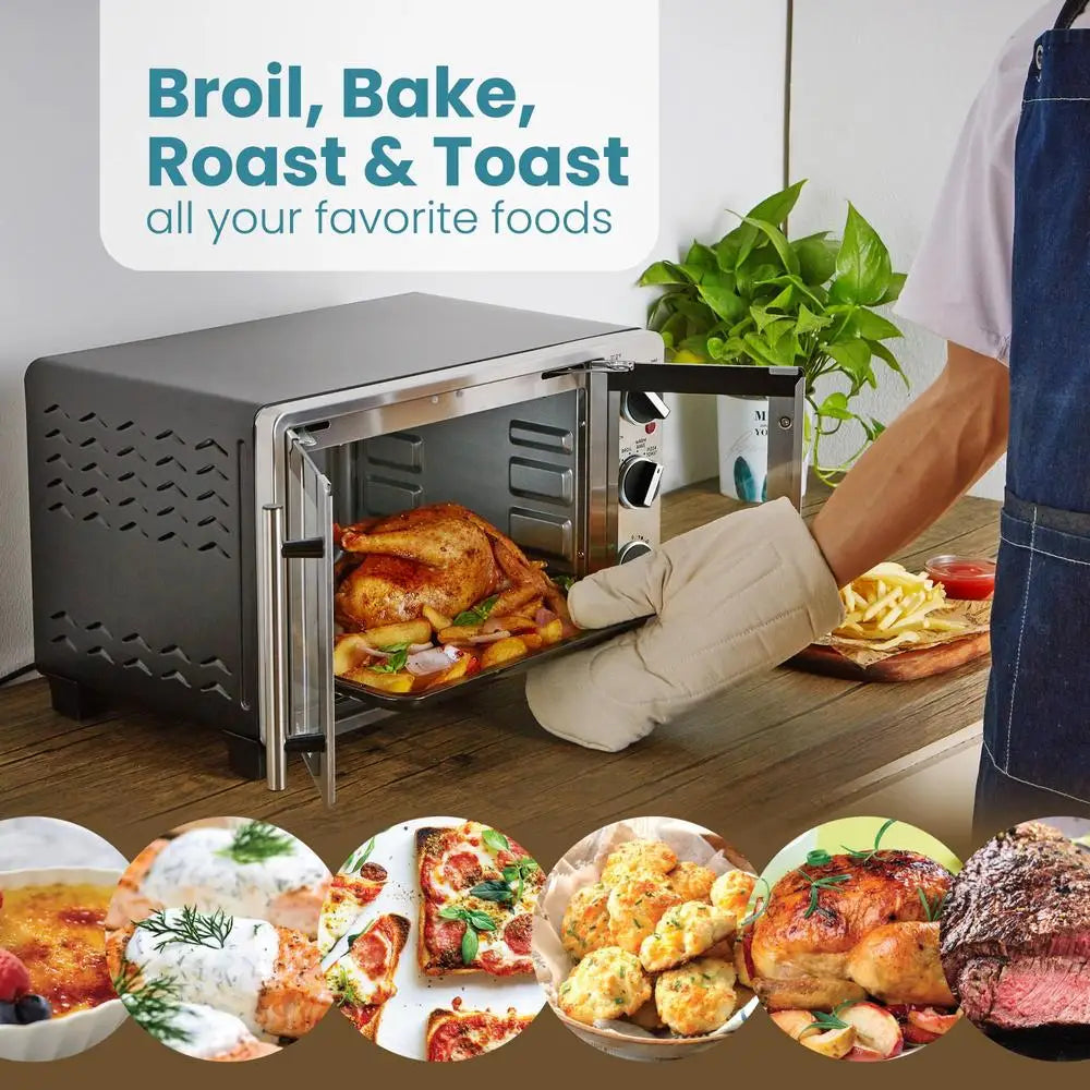 Double French Door Toaster Oven 25L Capacity Bake Broil Toast Keep Warm 1500W Precision Cooking Timer Multi Rack Positioning