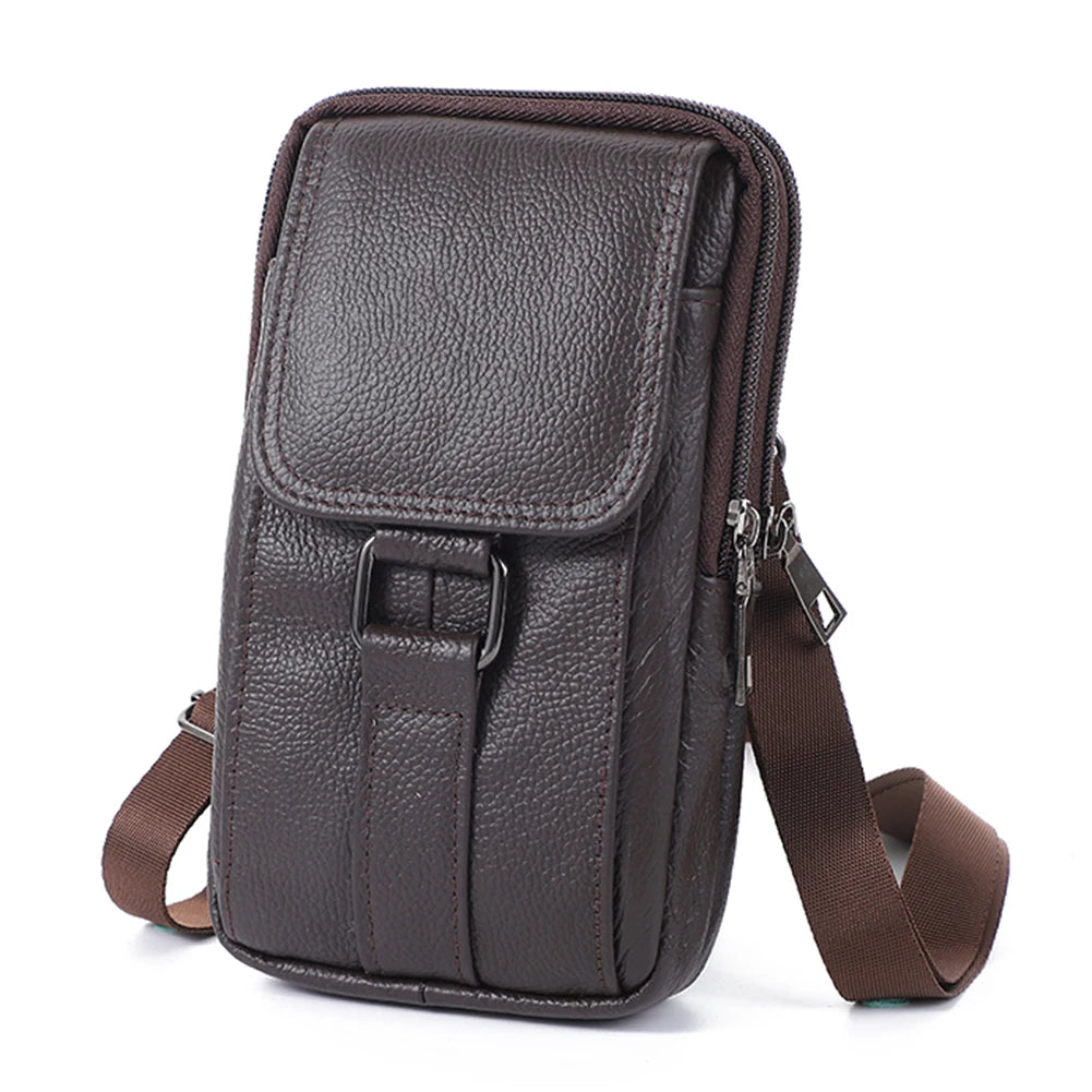 Portable Men Messenger Bags Cowhide Leather Belt Waist Pack Fashion Simple Multi-pockets Casual for Outdoor Sport