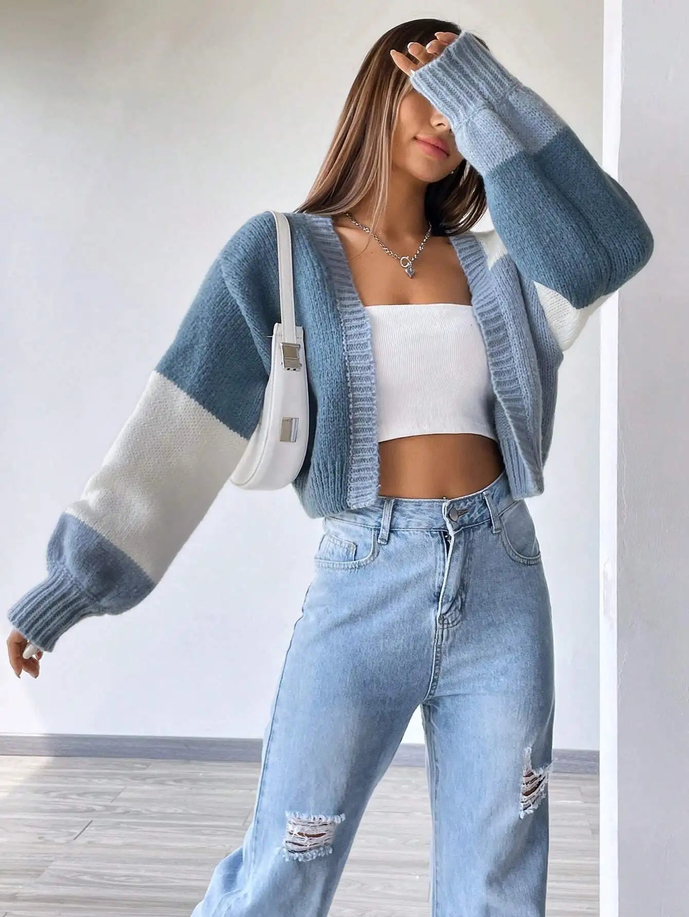 Color Block Drop Shoulder Knit Cardigan for Women, Long Sleeve Fall Winter Casual Top