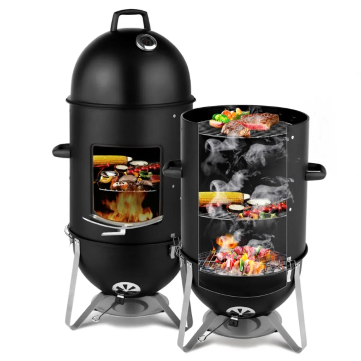 Vertical Steel Charcoal Smoker, Heavy Duty Three Layer Round BBQ Grill Smokey Mountain Cooker for Outdoor Cooking