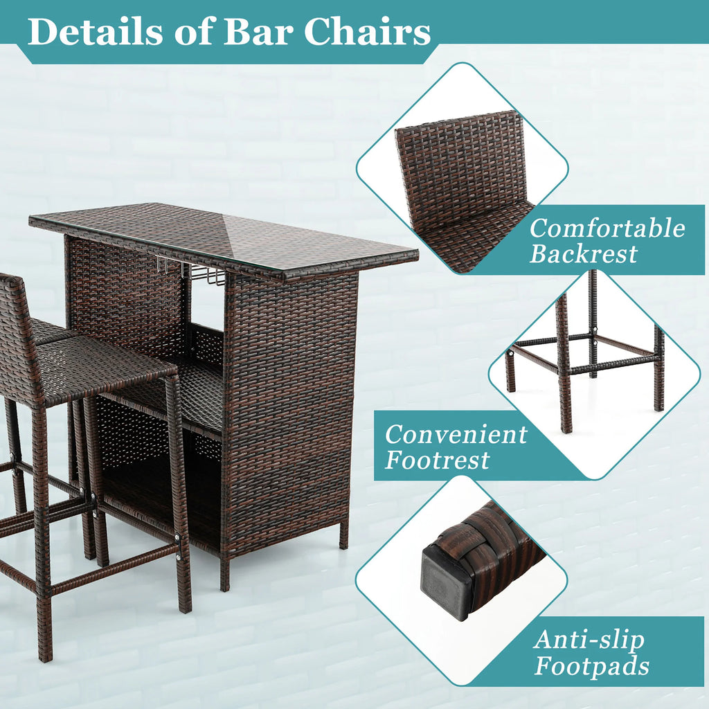 Patio 3PCS Wicker Bar Set Height Table Two Stools with 3 Rows Stemware Racks Garden