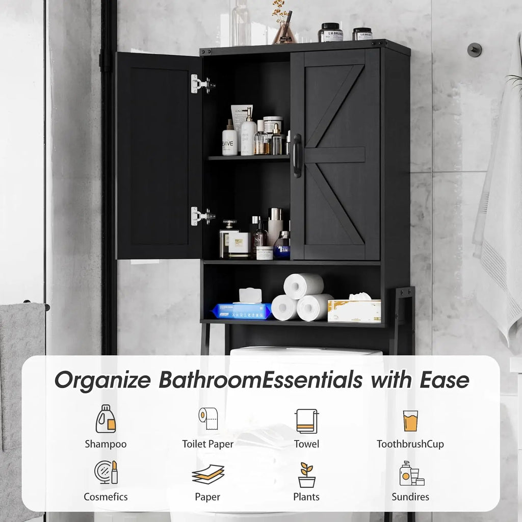 2-Door Over Toilet Storage Cabinet with Anti-Tip Device, Bathroom Organizer in Black for Tidy Spaces