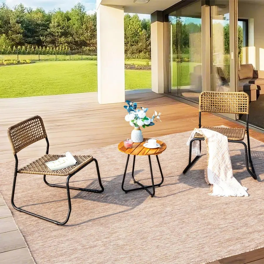 3 Pieces Outdoor Wicker Bistro Set for 2, Stackable Rattan Chairs amp Acacia Wood Round End Table, Small Teak Conversation Furn