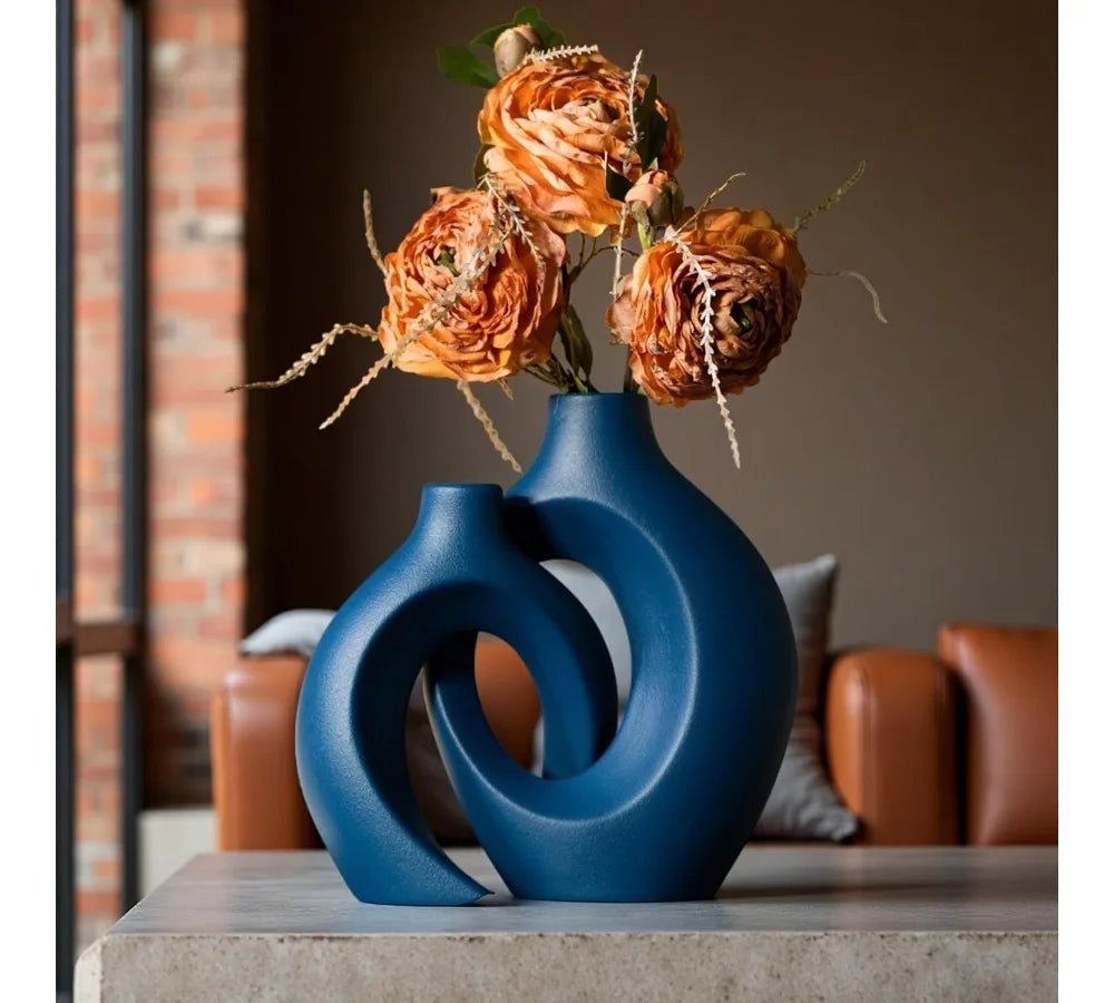 Modern Nordic Ceramic Vase Set of 2, 8.4 Inch Coastal Hollow Design for Pampas Grass Home Decor (Matte Navy Blue)