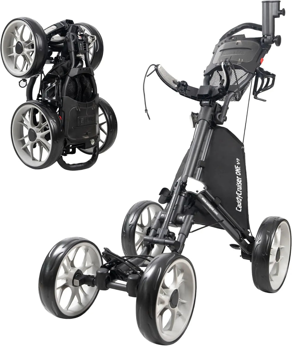 4 Wheel Golf Push Cart - One Click Folding Trolley, Lightweight & Compact Design with Adjustable Handle and Foot Brake
