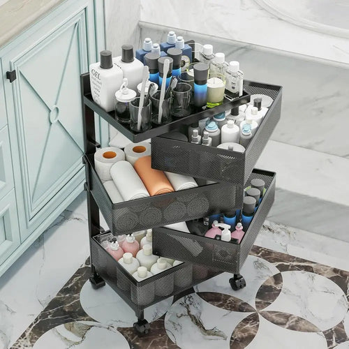 4-Tier Metal Fruit Basket with Rolling Kitchen Storage Rack, Sturdy Vegetable Shelf, and Bathroom Drawer Cart in Black