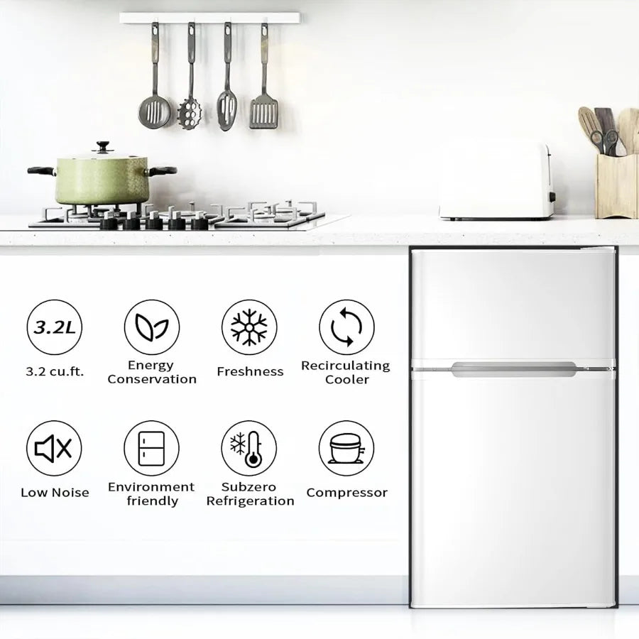 Compact 3.2 Cu.Ft. Mini Refrigerator with Separate Freezer and Double Doors Adjustable Removable Shelves Ideal for Basement Apa
