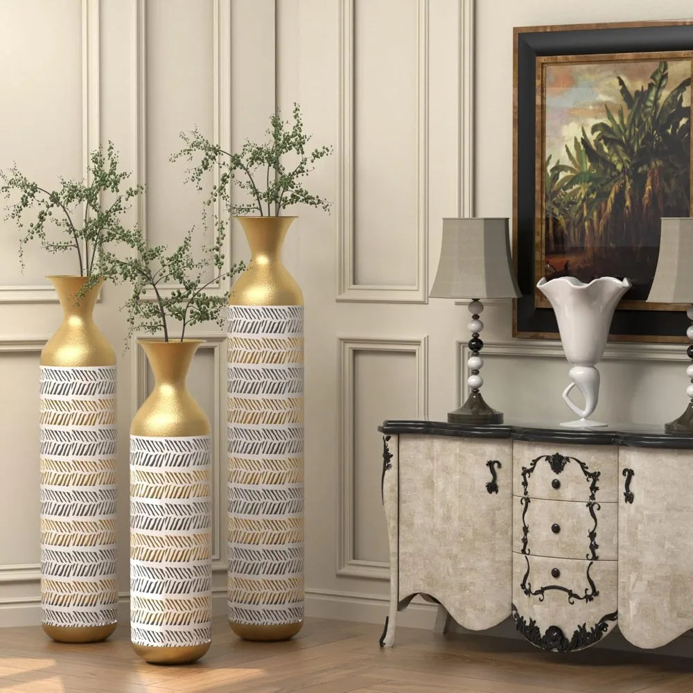 Set of 3 Tall Floor Vases - Large Vintage-Inspired Modern Metal Vases for Living Room Decor, Gold Accents for Hallway and Corner