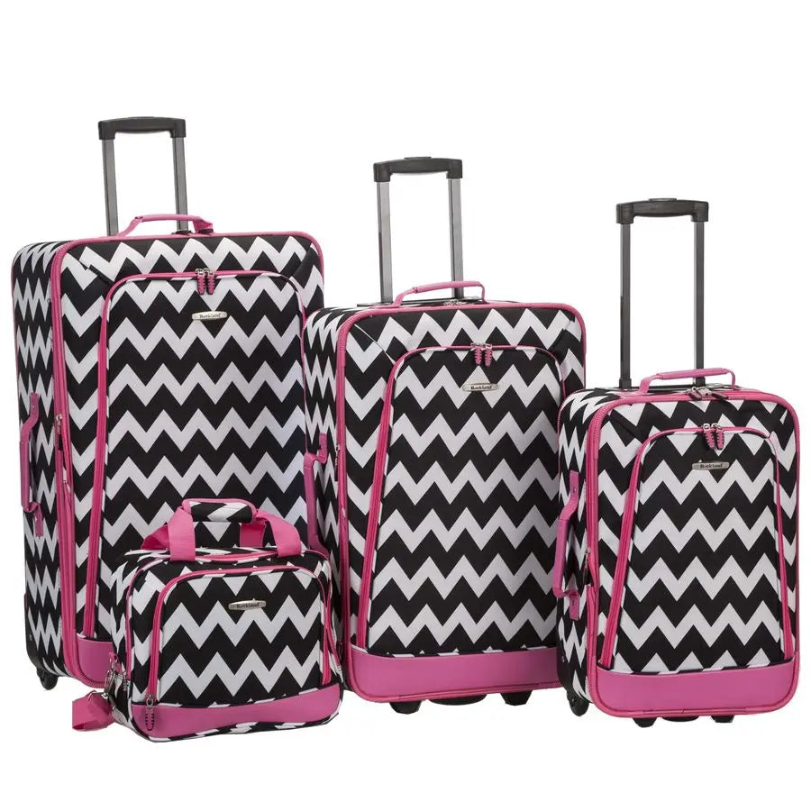 4Piece Softside Upright Luggage Set,Telescoping Handles, Pink Chevron, 14 19 24 28