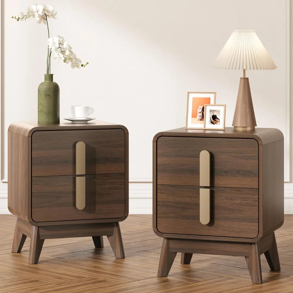 Pair of Mid-Century Modern Nightstands with Drawers, Metal Handles, and Curved Brown Profiles for Storage