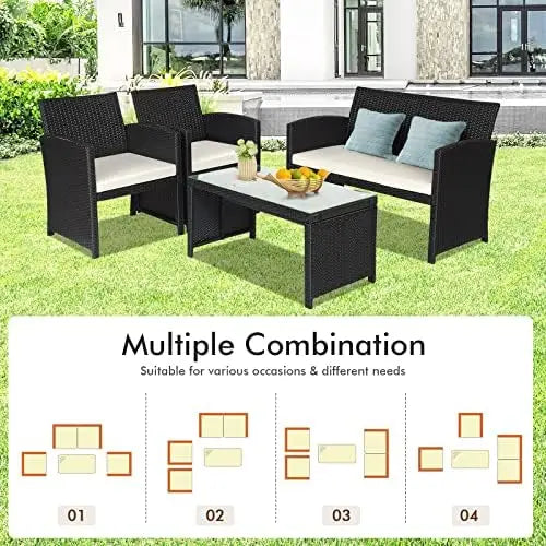 4-Piece Rattan Patio Furniture Set, Outdoor Wicker Sofa with Cushions & Glass Table