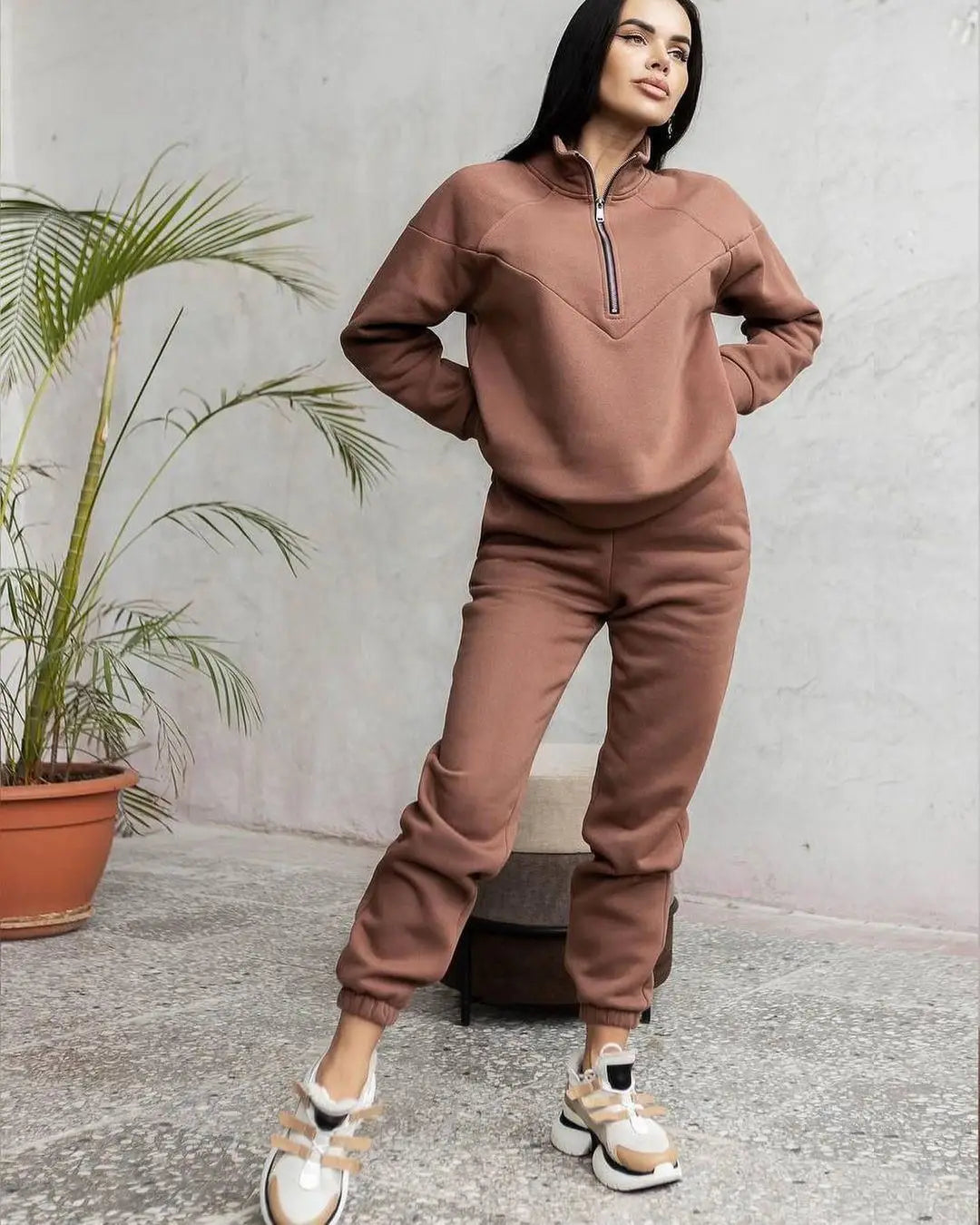Sports Suit Zippered Solid Color Long-sleeved Winter Pullover Sweatshirt Set With Leggings Trousers Sets Womens Two Piece Outfit
