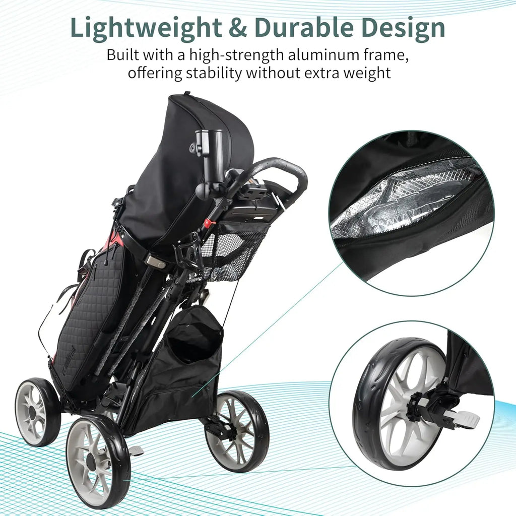 4 Wheel Golf Push Cart - One Click Folding Trolley, Lightweight & Compact Design with Adjustable Handle and Foot Brake