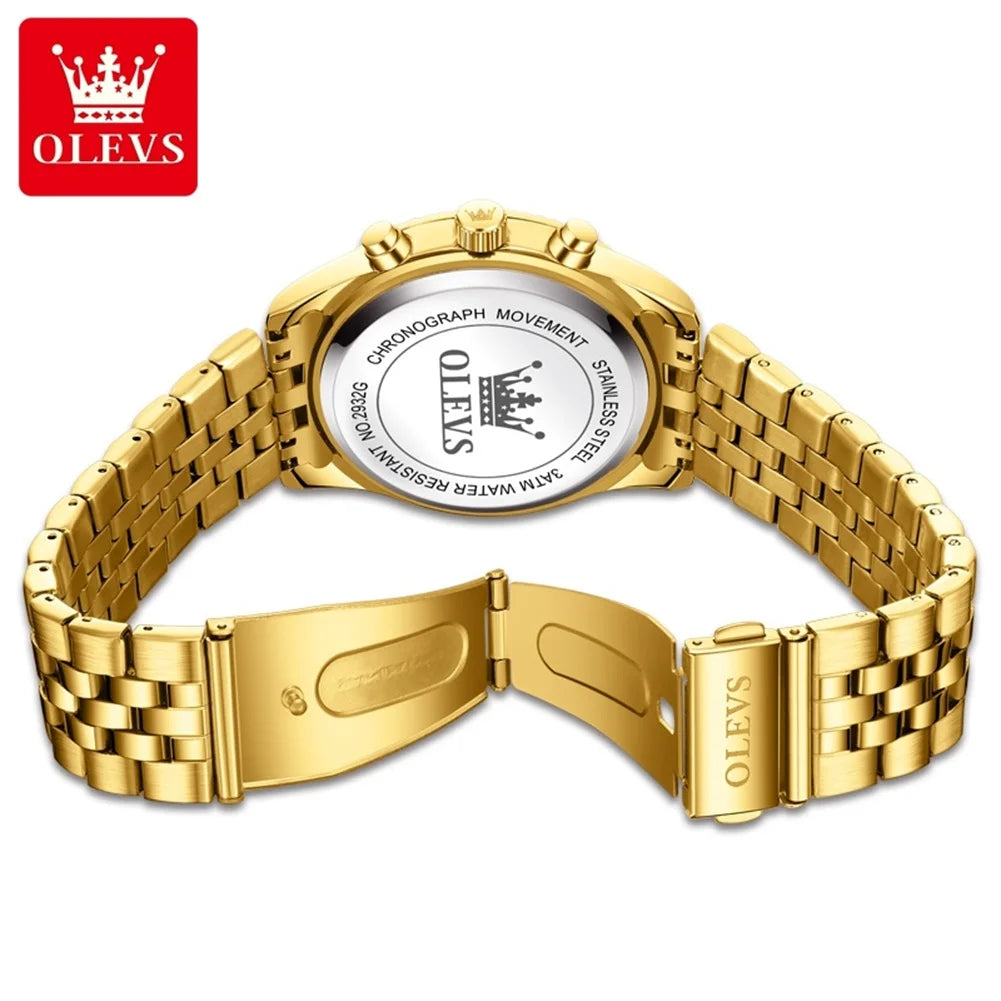 OLEVS Brand Luxury Original Men's Watches Waterproof Moon Phase Quartz Watch Luminous Gold Stainless Steel Strap Male Wristwatch