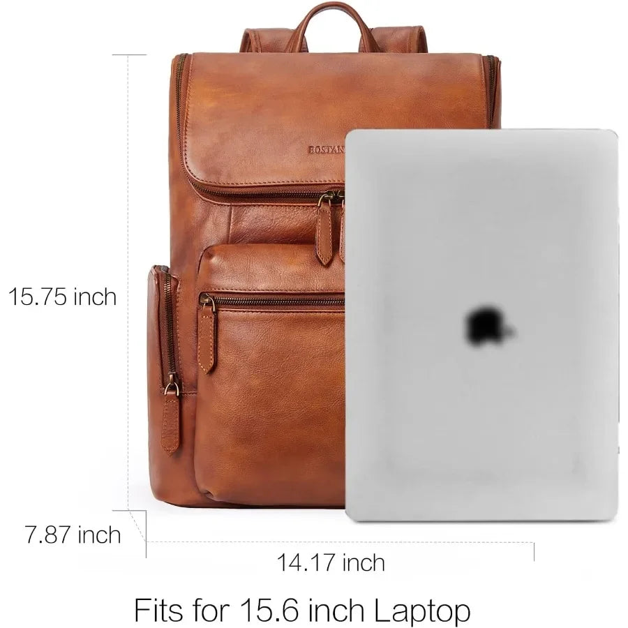 BOSTANTEN Leather Backpack for Men 15.6 inch Laptop Backpack Vintage Travel Office Bag Large Capacity Shoulder Bag Redbrown