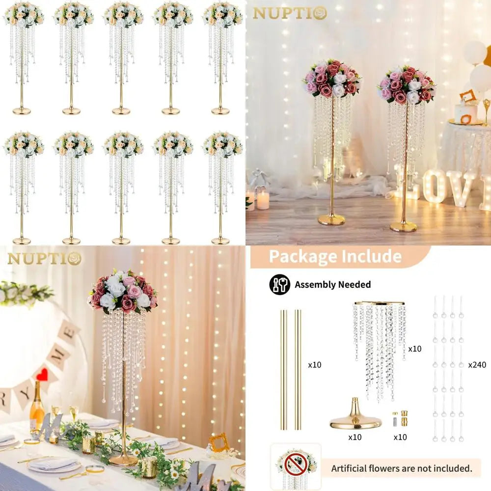 Crystal Wedding Centerpieces - 10pc 29.5in Tall Gold Vases for Elegant Floral Displays