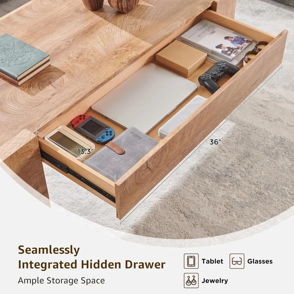 48 Modern Farmhouse Coffee Table, Wooden Living Room Table with Hidden Storage Drawer, Rustic Rectangular Center Tables w/Wo