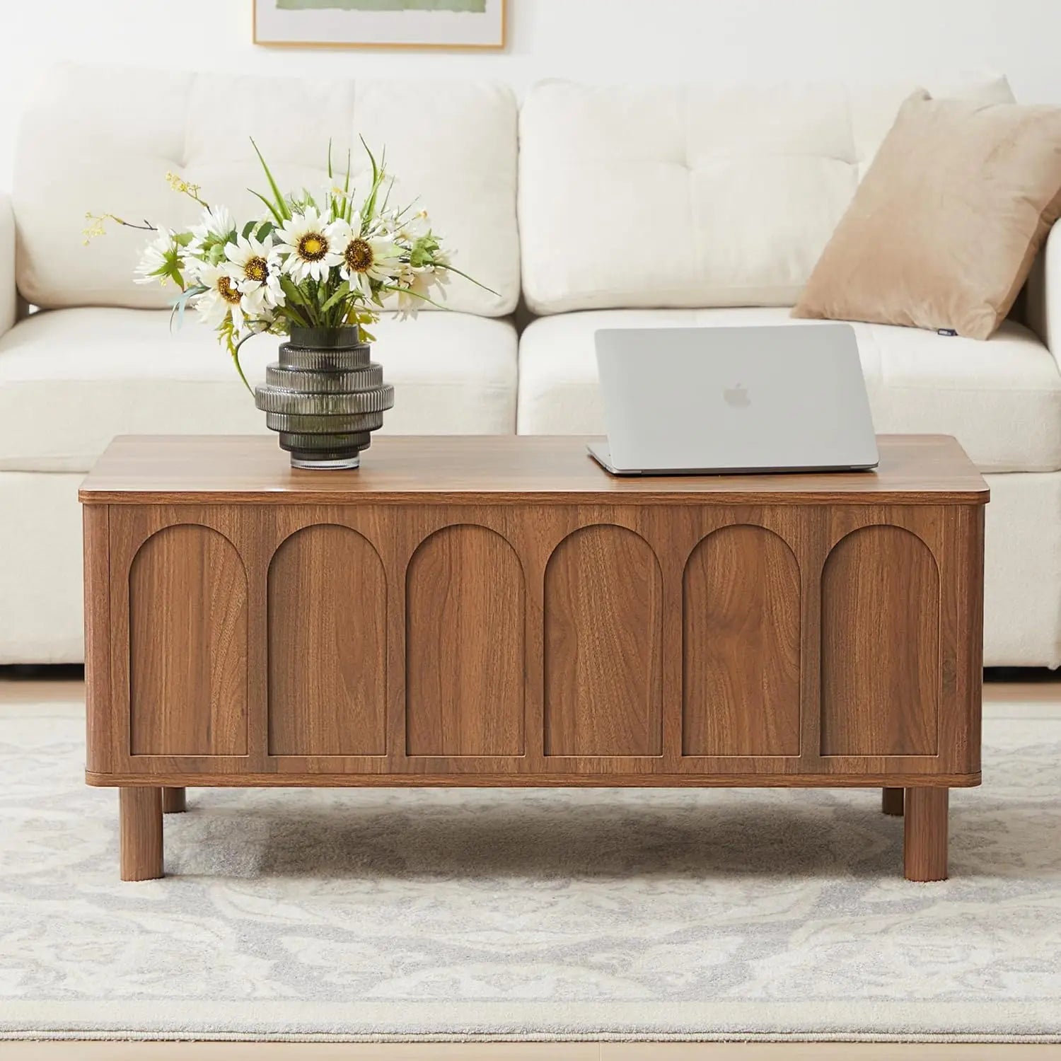 Lift Top Coffee Table with Arched Finish, Modern Coffee Table with Lifting Tabletop & Hidden Storage, Wood Center Tab，Customized