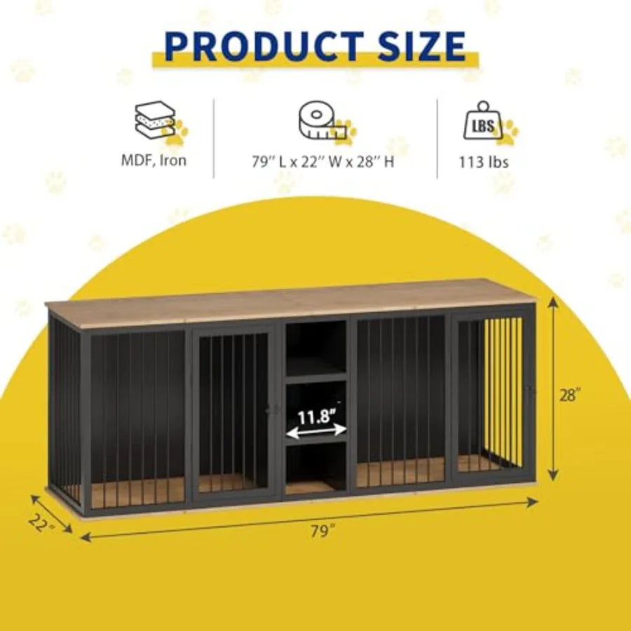 Dog Crate Furniture Indoor for 2 Dogs 79'' Farmhouse Steel Frame Wooden Dog Kennel with Adjustable Division Board and Sliding D