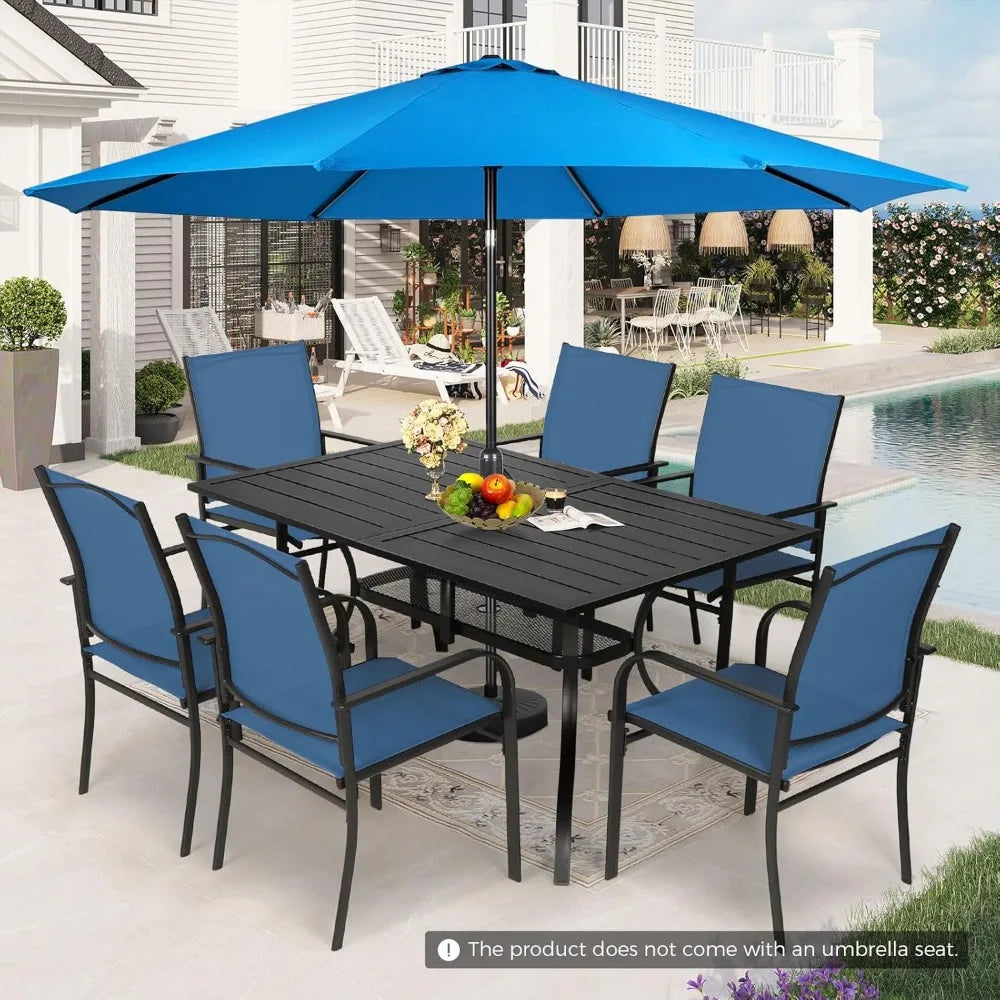 8 Pieces Patio Dining Set with Sky Blue Umbrella, Outdoor Dining Set of 6 Textilene Chairs and Rectangle Table with Umbrella Ho
