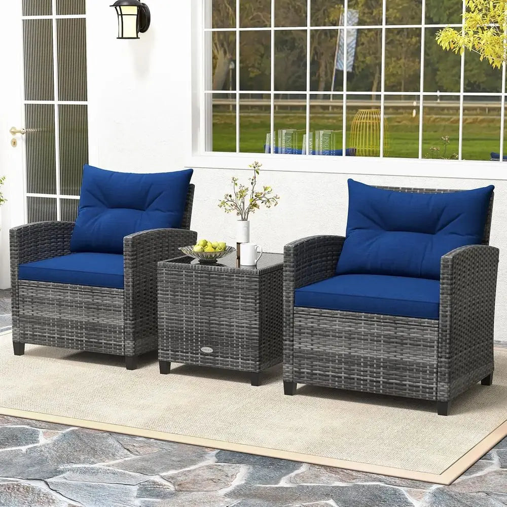 Navy Blue Outdoor Wicker Patio Furniture Set with Cushions and Glass Table for Balcony, Deck, or Poolside