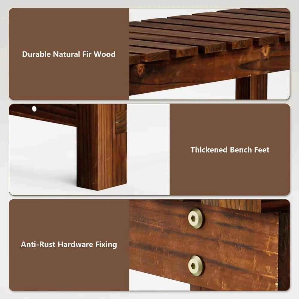 All-Weather 2-Person Wooden Garden Bench, Multifunctional Patio Seat for Outdoor Spaces (Carbonized Brown)