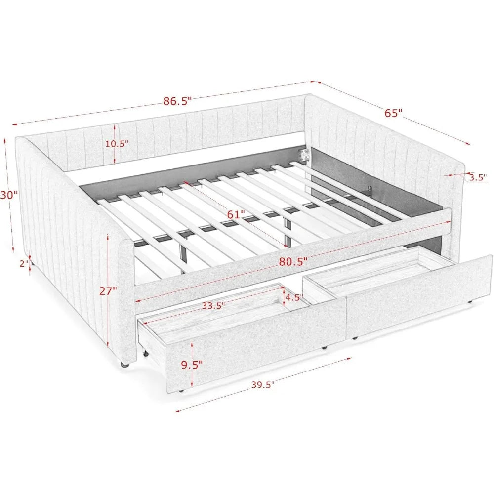 SLEERWAY Daybed with Two Drawers, Modern Linen Queen Size Day Bed Frame with Storage, Upholstered Sofa Bed with Stripes, Furnitu