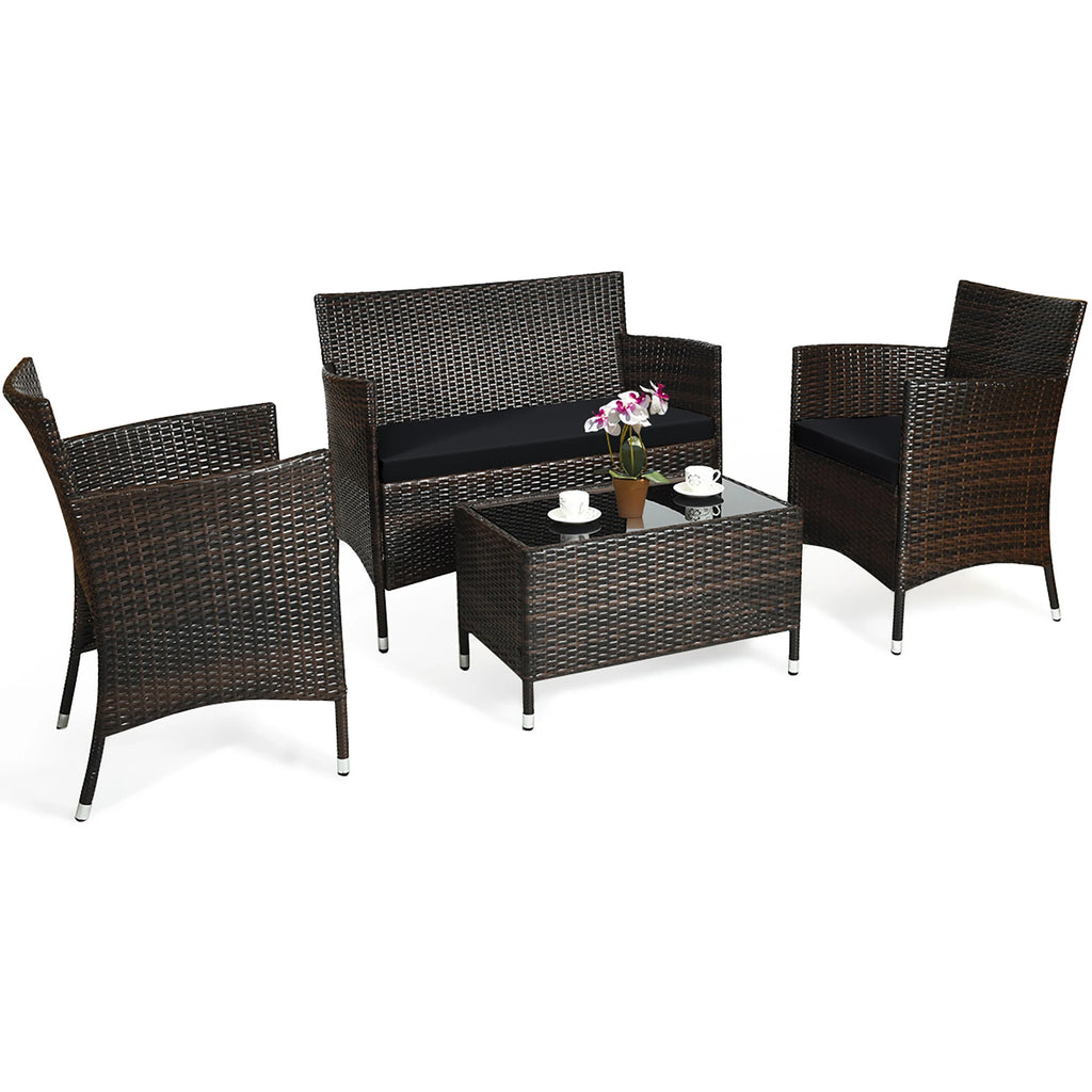 4PCS Rattan Patio Furniture Set Cushioned Sofa Chair Coffee Table Black