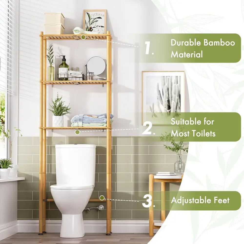 3-Tier Bamboo Toilet Storage Shelf, Freestanding Bathroom Organizer, Space-Saving Rack for Toilet Area