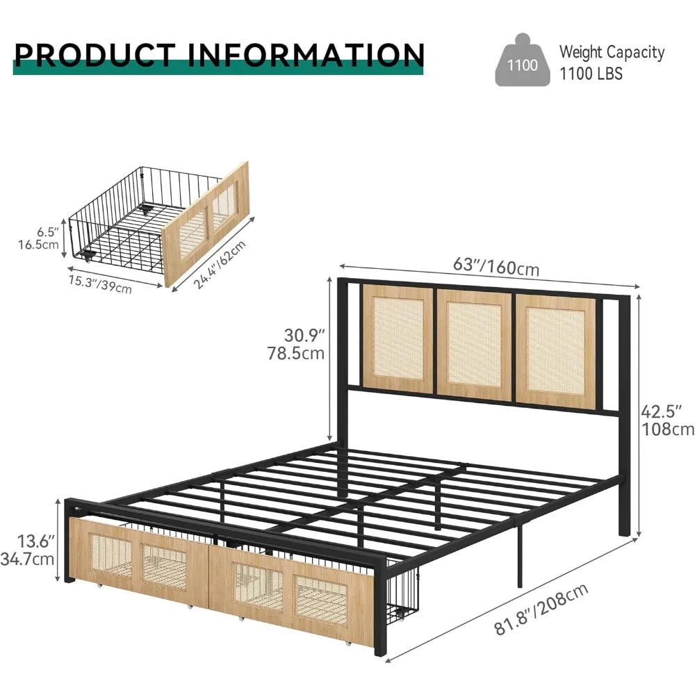 Queen Size Rattan Bed Frame with Headboard, Footboard, and Storage Drawers - Boho Style Cane Platform Bed