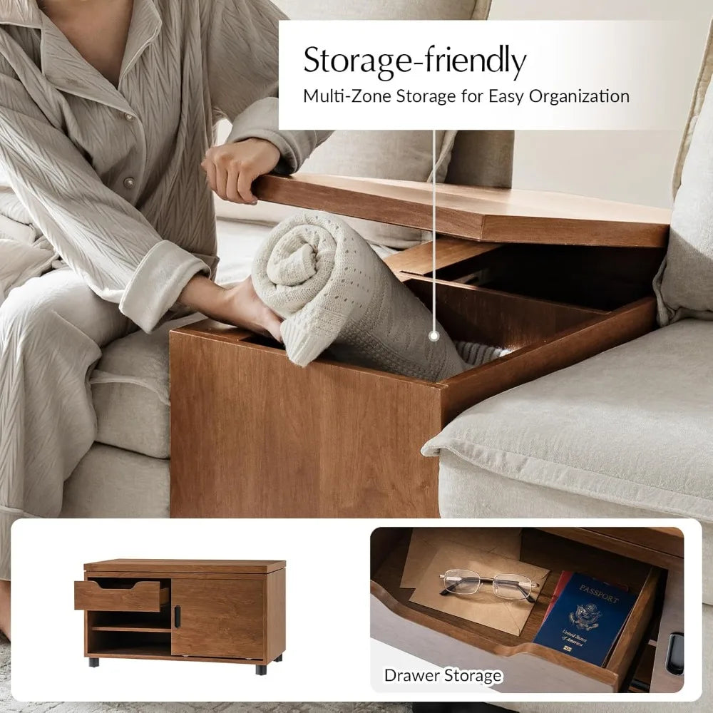 Home Sofa Side Table with Modular Design, Rectangle Wood End Table with Adjustable Shelves, Modern Coffee Table with Storage