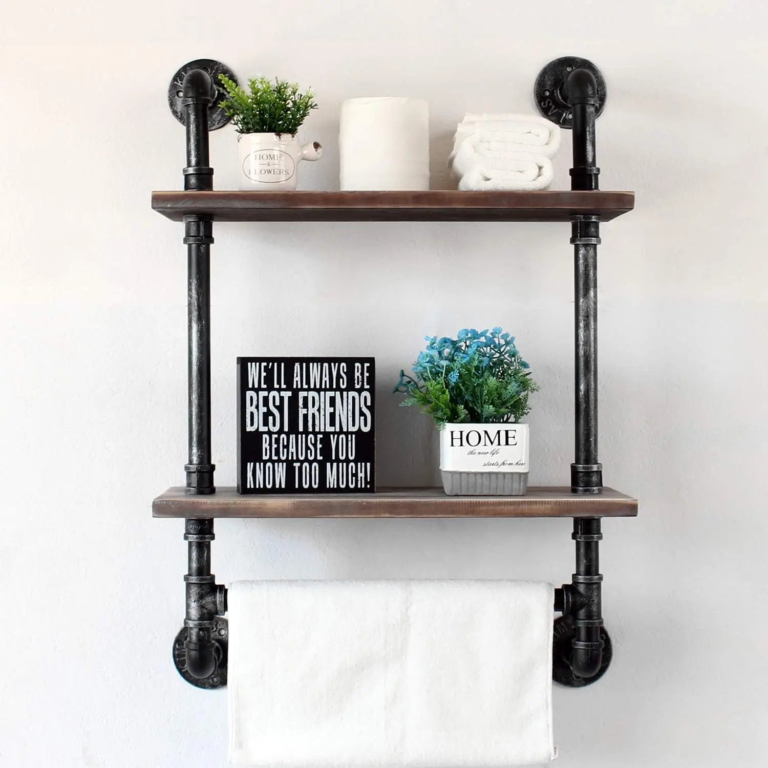 Industrial Pipe Shelf Wall Mounted 2 Tier Rustic Wood Towel Rack Over Toilet Floating Shelves Bathroom Storage