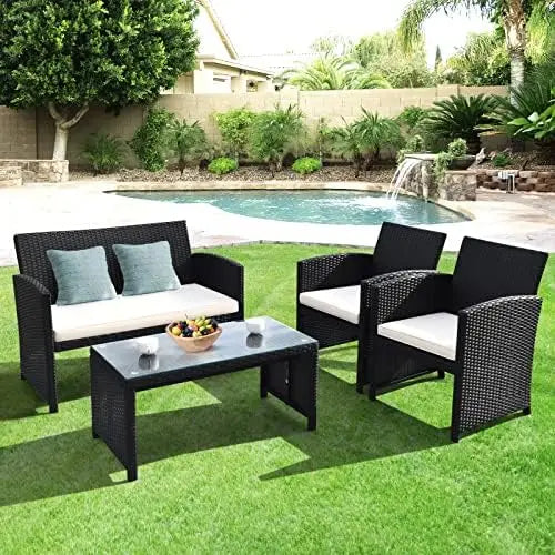 4-Piece Rattan Patio Furniture Set, Outdoor Wicker Sofa with Cushions & Glass Table