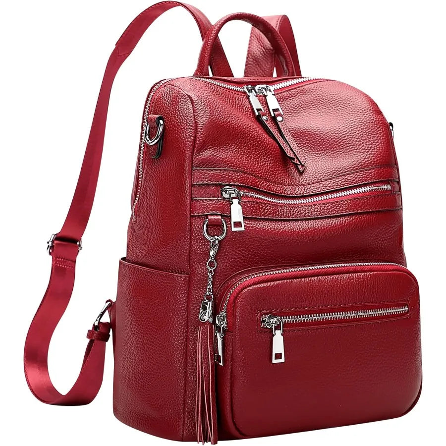 ALTOSY Genuine Leather Backpack Purse for Women Large Shoulder Bag With Laptop Compartment Multiple Pockets S106 Red