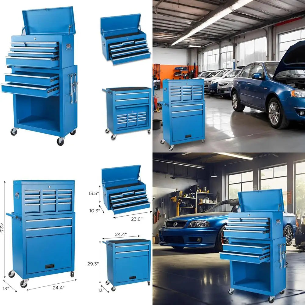 Heavy-Duty Blue 8-Drawer Rolling Tool Chest with Detachable Top Box, Lockable Drawers, Wheels, and Side Hooks for Garage Worksho